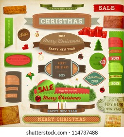 Set of vector Christmas ribbons, old dirty paper textures and vintage new year labels. Elements for Xmas design: stickers, ribbons, gifts, fur tree branches, balls, candles and curled papers. Eps 10.