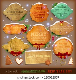 Set of vector Christmas ribbons, old dirty paper textures and vintage new year labels. Elements for Xmas design: balls, sweet, bells, mistletoe, fur-tree branches, snowman, gingerbread, stars and bow.