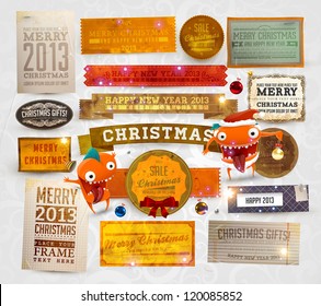 Set of vector Christmas ribbons, old dirty paper textures and vintage new year labels. Elements for Xmas design: balls, bow, snowflakes and funny Santa character