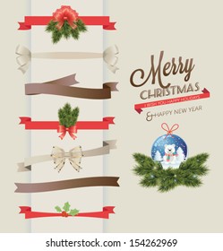 Set of vector Christmas ribbons and vintage new year labels. Elements for Xmas design: christmas bear, balls, mistletoe, fur-tree branches...