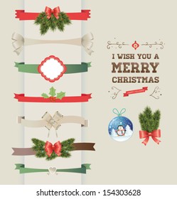 Set of vector Christmas ribbons and vintage New year labels. Christmas vector element.