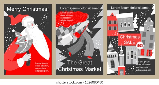 Set of vector Christmas sale flyers. Illustrations of funny cartoon girl, nightly winter cityscape and Santa Claus. Image for banner design for the big Christmas market.