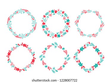 Set of vector Christmas Scandinavian Hand Drawn wreath red and blue Floral Winter Design Elements isolated on white background for retro design flourish. calligraphy and lettering illustration