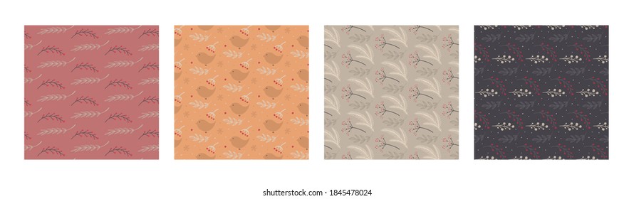 Set of vector Christmas seamless patterns with hand drawn simple elements, christmas tree, snowflakes, branches. New Year endless backgrounds in abstract primitive style.