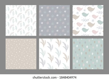 Set of vector Christmas seamless patterns with hand drawn simple elements, christmas tree, birds, snowflakes, branches. New Year endless backgrounds in abstract primitive style.