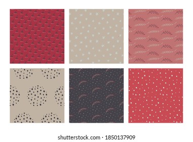 Set of vector Christmas seamless patterns with hand drawn simple elements, christmas tree, snowflakes, branches. New Year endless backgrounds in abstract primitive style.