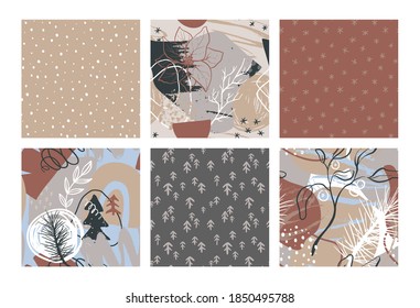 Set of vector Christmas seamless patterns with hand drawn abstract and simple elements, christmas tree, branches. New Year endless backgrounds in modern style