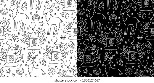 Set of vector Christmas seamless patterns with Xmas houses, balls, reindeers, cones on white and black. Great for fabrics, wrapping papers, covers. Illustration in doodle sketch style, black outline.