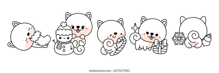 Set of Vector Christmas Shiba Inu Dog Coloring Page. Collection of Kawaii Isolated New Year Dog Outline. 