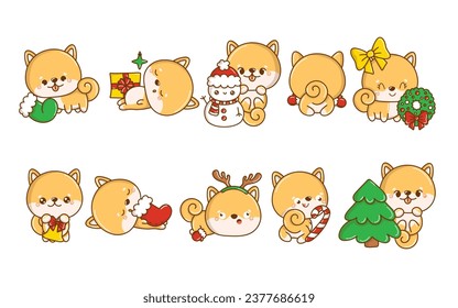 Set of Vector Christmas Shiba Inu Dog Illustrations. Collection of Kawaii Isolated Christmas Dog Art for Stickers. 