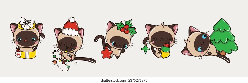 Set of Vector Christmas Siamese Cat Illustrations. Collection of Kawaii Isolated Christmas Kitten Art for Stickers. 