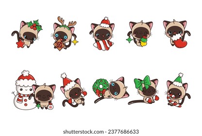 Set of Vector Christmas Siamese Cat Illustrations. Collection of Kawaii Isolated Christmas Kitten Art for Stickers. 