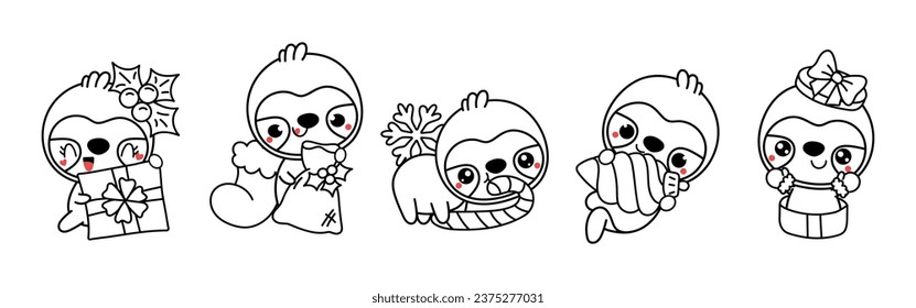 Set of Vector Christmas Sloth Coloring Page. Collection of Kawaii Isolated New Year Jungle Animal Outline. 