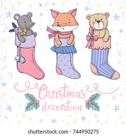 Set vector  Christmas socks in pastel colors  Hand drawing Christmas socks and fox  teddy bear   mouse  Illustration in vintage style 