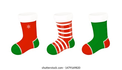  Set of vector Christmas socks. Vector Christmas stocking. Design elements isolated on white background. Cartoon New year. Vector eps 10