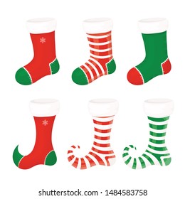 Set of vector Christmas socks. Christmas stocking. Elements for design. All elements are isolated on a white background.