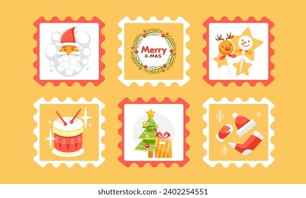 Set of vector Christmas stamps in cute cartoon style.
