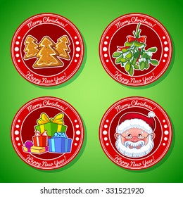 Set of vector Christmas stickers. Cookies, mistletoe, gifts, and Santa Claus. Vector clip-art illustration.