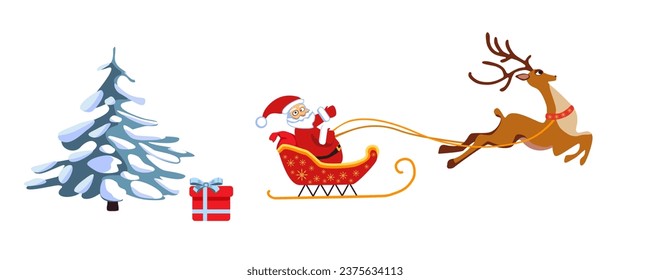 Set of vector Christmas stickers Christmas tree Santa Claus, deer, gift. Santa Claus waves his hands on a sleigh with a deer and a Christmas tree in the snow. Vector illustration