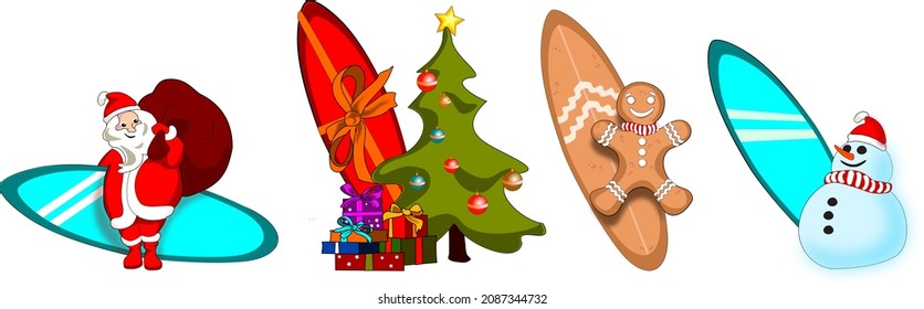 Set of vector Christmas and surf illustrations, Santa Claus grabbing a blue surfboard, Christmas tree with surfboard-shaped gift, Gingerbread Man with surfboard cookie and Snowman with blue surfboard.