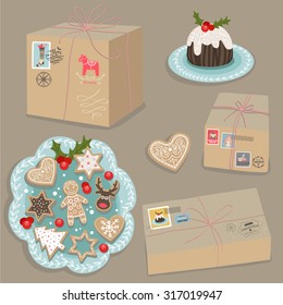 Set of vector christmas sweets and gift boxes