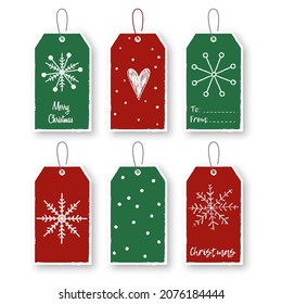 Set of vector Christmas tags with snowflake, snow, heart on green and red background isolated on white