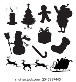 Set of vector christmas themed cartoon style black silhouettes - christmas tree, candle, gingerbread man, santa claus, sleigh with reindeer, present, christmas stocking, sugar cane and snowman