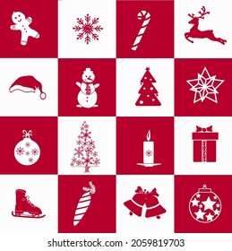 
Set of vector Christmas tree elements, Christmas balls, snowman, gift, snowflake. White items hand drawn in red white