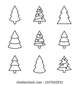 Set of vector christmas tree icons. Linear style of christmas symbols. Isolated on a black background.