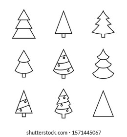 Set of vector christmas tree icons. Linear style of christmas symbols. Isolated on a black background.