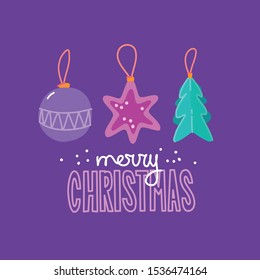 
Set of vector Christmas tree toys in the shape of a ball, Christmas tree and stars. Merry Christmas lettering. Happy new year greeting, postcard.