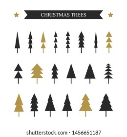 Set vector Christmas trees shape triangle black and gold color. Christmas trees.