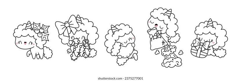 Página Colorante de unicornio de Navidad vectorial. Colección de Kawaii Aislado Contorno de animales de Año Nuevo. 
