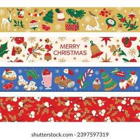 Conjunto de cintas vectoriales de washi de Navidad, cintas de enmascaramiento, elementos. Marcos de vacaciones o bordes con juguetes de Navidad, bebida de café, postre, campana y la ilustración de planta holly para banner, scrapbooking