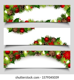 Set of vector Christmas web banners with fir-tree branches, red balls, cones, poinsettia and lights.