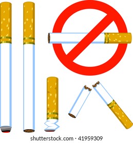 A set of Vector cigarettes: Hot, new, butt, broken and the sign "no smoking". Isolated.