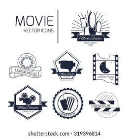 Set of vector cinema logos and signs. Movie studios and cinema badges. Vintage emblems with sample text.