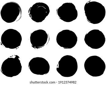 set of vector circle brush strokes texture filled black ink on a white background	
