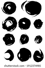 set of vector circle brush strokes texture filled black ink on a white background	

