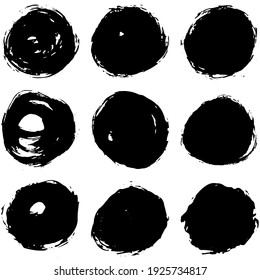 set of vector circle brush strokes texture filled black ink on a white background