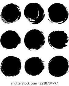 set of vector circle brush strokes texture filled black ink on a white background
