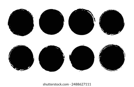  set of vector circle brush strokes texture filled black ink on a white background