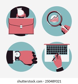 Set of vector circle business icons on abstract office worker man hand holding briefcase, magnifying glass, wrist watch, laptop | Time management, work, stats monitoring, analysis and computing icons