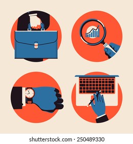 Set of vector circle business icons on abstract office worker man hand holding briefcase, magnifying glass, wrist watch, laptop | Time management, work, stats monitoring, analysis and computing icons