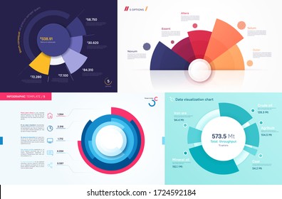 Set of vector circle chart designs, modern templates for creating infographics, presentations, reports, visualizations.