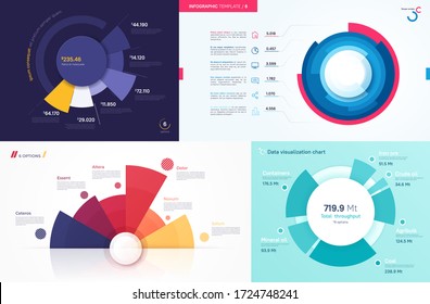 Set of vector circle chart designs, modern templates for creating infographics, presentations, reports, visualizations.