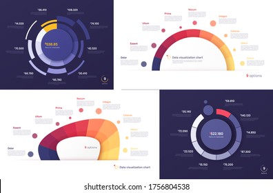 Set of vector circle chart designs, modern templates for creating infographics, presentations, reports, visualizations.