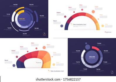 Set of vector circle chart designs, modern templates for creating infographics, presentations, reports, visualizations.