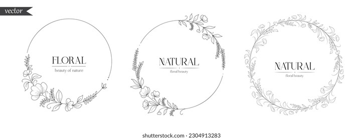 Set of vector circle frames with flowers, leafs and ears. The templates for postcards of minimalist floral wreaths