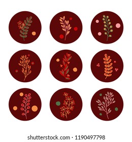 Set of vector circles with autumn design for badges, labels, stickers. Elements with the brown, orange, red, green branches. Vector decoration.